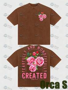 Camiseta de mujer [Impresionante camiseta holgada de estilo vintage con estampado de rosas rosas, diseño de manga corta para mujer, tela de algodón puro de 8.11 oz, corte holgado. Adecuada para uso diario o como regalo para amigas. Inspirada en el Salmo 139:14, exquisitamente diseñada. 100% algodón puro] Casual - marrón café - Ver 1