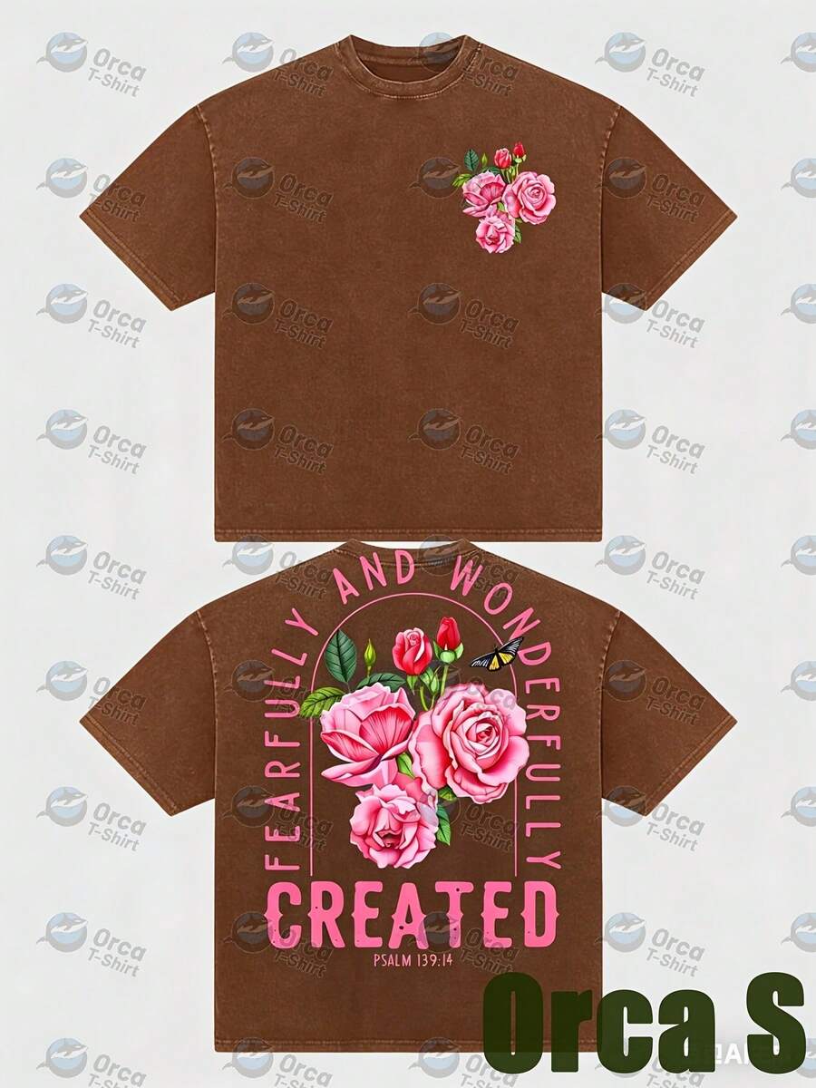 Camiseta de mujer [Impresionante camiseta holgada de estilo vintage con estampado de rosas rosas, diseño de manga corta para mujer, tela de algodón puro de 8.11 oz, corte holgado. Adecuada para uso diario o como regalo para amigas. Inspirada en el Salmo 139:14, exquisitamente diseñada. 100% algodón puro] Casual - marrón café - Ver 1
