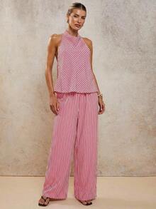 Conjunto de dos piezas elegante de rayas para vacaciones de mujer, primavera/verano - Rojo y blanco - Ver 5