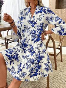 LUNE Women's Summer Dress With White Base And Blue Leaf Print, High Neck And 3/4 Skater Sleeve - 藍色 - 查看 3