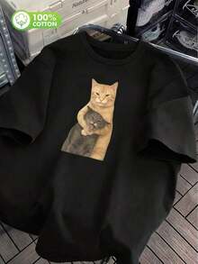 Camiseta de manga corta con estampado divertido de gato 100% algodón, diseño único de lote pequeño, camiseta casual para mujer, tela suave, cómoda camiseta de cuello redondo, camiseta negra retro, ropa de mujer, para usar en primavera/verano-Vintage Street Style Unisexoose Cotton Short Sleeve Crew Neck T-Shirt - Negro 3 - Ver 3