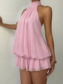 Vestido mini elegante de mujer con cuello halter y lazo en color amarillo claro - Rosa Pálido - Ver 6