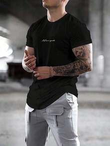 Camisetas Manfinity Homme para Hombre, Cuello Redondo, Manga Corta, con Eslóganes, Estilo Casual - Negro - Ver 9