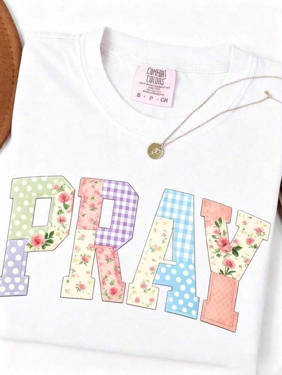 1 Christian T-Shirt PRAY, Quilted Faux Leather T-Shirt, Jesus Religious T-Shirt, Floral Boho Christian T-Shirt, Easter Faith Gift - Loose Fit, Relaxed Style, 180g 100% Cotton. - 白色 - 查看 1