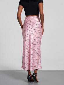 Falda larga de satén con cintura elástica de moda para mujer, ideal para vacaciones - Lunares rosas - Ver 6