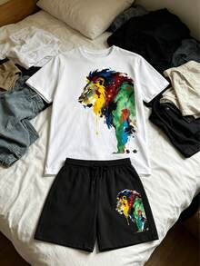 Conjunto casual con estampado de león en acuarela colorida: Set de verano para mujer + Shorts negros (Conjunto de 2 piezas) - Atuendo de verano de manga corta ideal para viajes - Blanco - Ver 2
