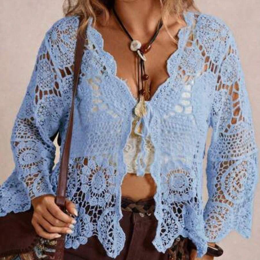 Plus Size Casual Solid Color Openwork Knit Cardigan Winter Fall Autumn - Celeste - Ver 1