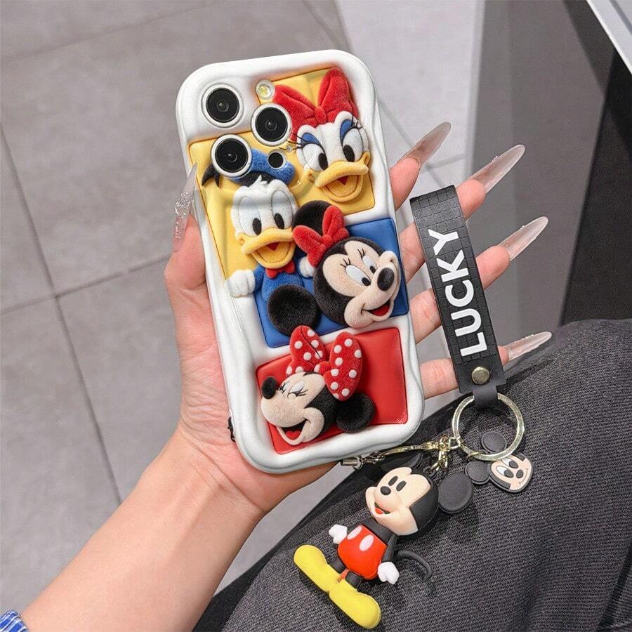 Disney Mickey Mouse Clubhouse Phone Case : 3D Fluffy Pattern Border Protector Phone Soft Phone Case With A Free Cute Mickey Bracelet Chain Lanyard, Mickey, Minnie, Goofy, Donald Duck, Daisy Duck, Pluto, For Apple 17 Promax 17 Pro 16 15 14 13 12 11 Pro Max XS Max X XR Soft Cover Summer Phone Case - White - View 1
