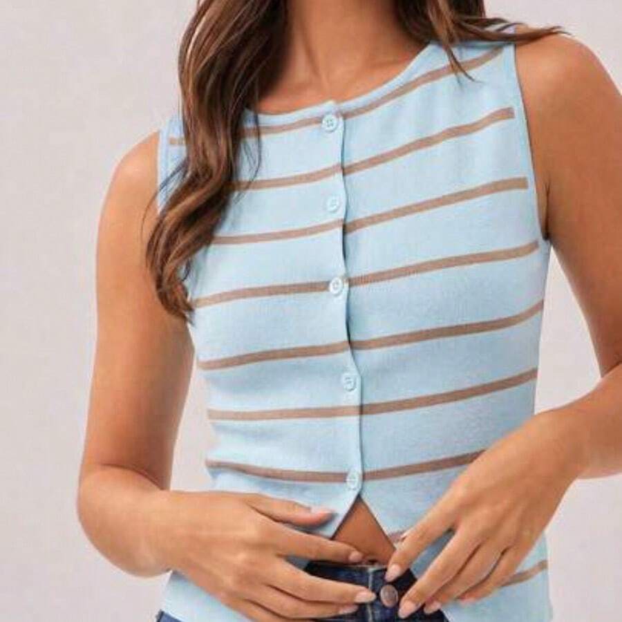 Boatneck Button Front Split Hem Fitted Sleeveless Striped Cardigan Knit Top Spring, Resort Wear, Summer, Festival, Country Music Concert Outfit, Western Wear For Women, Casual, Cute, Boho, Vacation, Beach - Azul - Ver 1