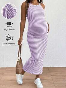 Vestido Halter Ajustado a Rayas Casual para Maternidad - Lila Púrpura - Ver 1