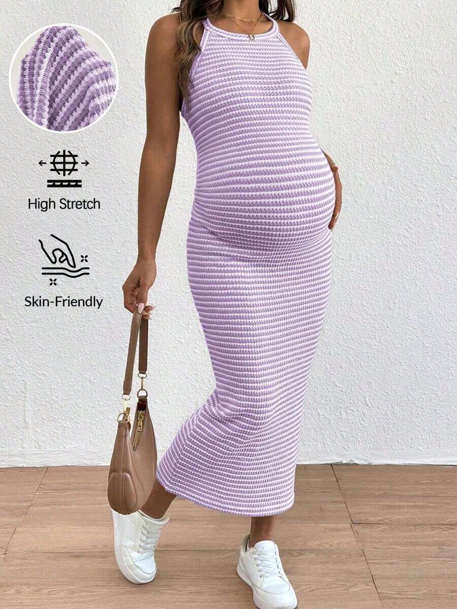 Vestido Halter Ajustado a Rayas Casual para Maternidad - Lila Púrpura - Ver 1