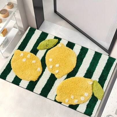 1pc Soft Faux Wool Rug, Fresh Lemon Stripe Design Floor Mat, Bathroom Decor Carpet, Suitable For Bathroom, Bedroom, Kitchen, Washable And Easy To Clean, Perfect Home Decor Faux Wool Rug, Holiday Decoration Carpet