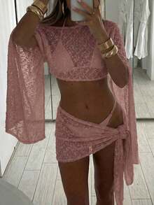 Conjunto de 2 piezas de mujer para primavera/verano con textura de jacquard, blusa tipo chal y minifalda de estilo envolvente, ropa de playa/resort para mujer - Rosa vieja - Ver 1