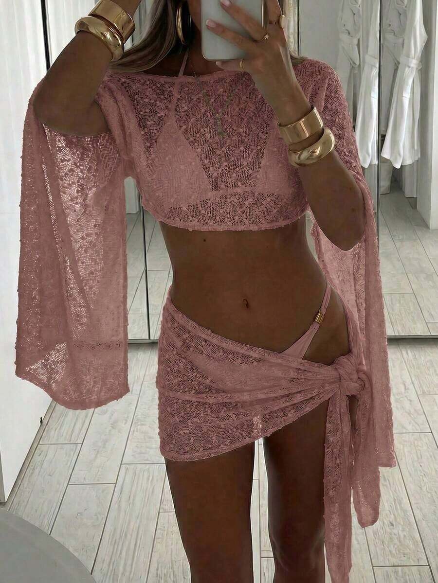 Conjunto de 2 piezas de mujer para primavera/verano con textura de jacquard, blusa tipo chal y minifalda de estilo envolvente, ropa de playa/resort para mujer - Rosa vieja - Ver 1