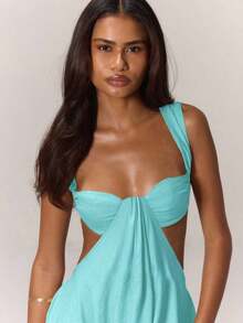 Mono de Pierna Ancha Extrema con Copas Drapeadas en el Frente, Laterales Recortados, Espalda Abierta, Estilo Boho Western para Vacaciones de Primavera Verano, Ropa de Playa Elegante, Ideal para Vacaciones en Ibiza, Invitada de Boda, Noche de Citas, Sexy, Bohemio, Verde, Primavera Verano, Fiesta de Boda, Casual - Azul - Ver 5