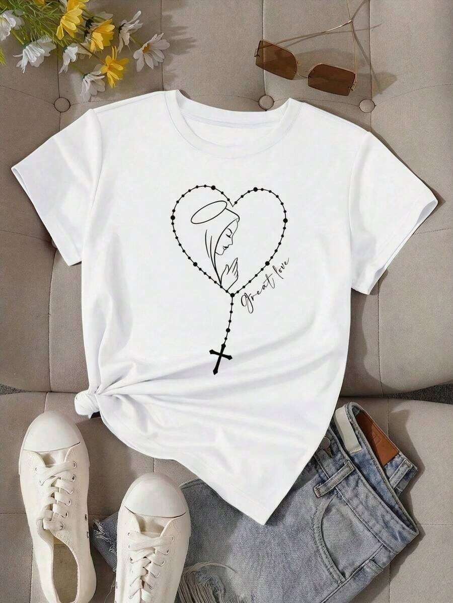 Camiseta Blanca Casual para Mujer con Gráfico de Rosario y Corazón de la Virgen María, Manga Corta, Cuello Redondo, Top de Poliéster para Uso Diario, Linda Idea de Regalo para el Día de la Madre MKKN - Blanco - Ver 1