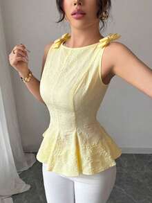 Nueva blusa de tirantes finos con diseño de lazo, cintura ceñida y volantes en el bajo, de tela floral texturizada, para mujer, casual, versátil y elegante para vacaciones - Amarillo - Ver 7