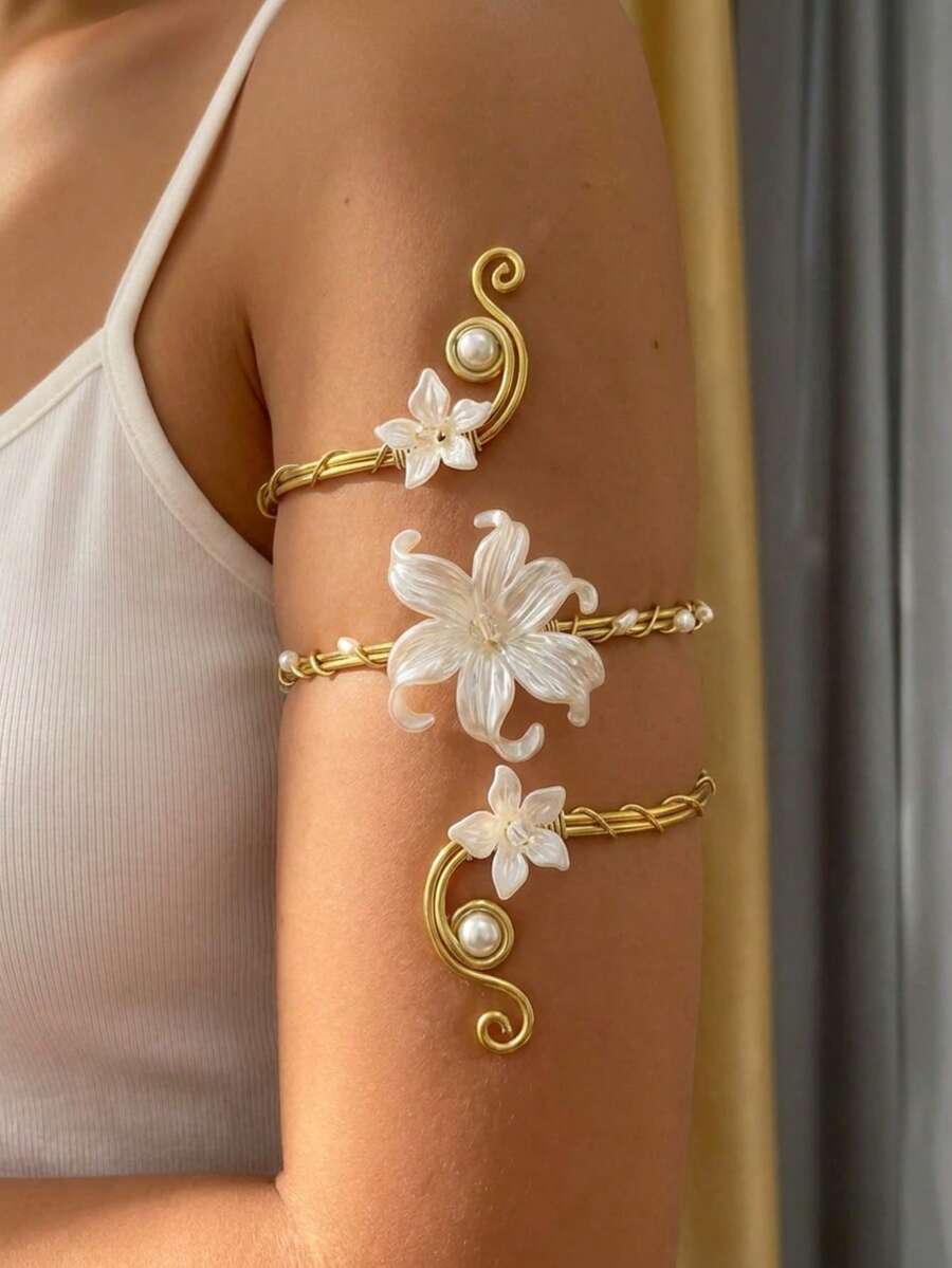 1件独特的金色鸢尾花螺旋臂环,可调节优雅3D立体花卉漩涡手镯,饰以白色花朵和珍珠,女士开口金属丝缠绕手镯饰品,波西米亚风格袖套,适合婚礼、海滩派对、女士日常及正式场合佩戴。 - 金色 - 查看 1