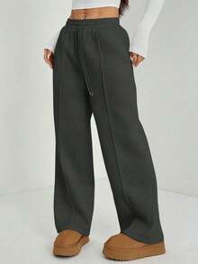 Pantalón de chándal de pierna recta con detalle de guijarro para mujer, mezcla de algodón cómoda - Gris Oscuro - Ver 11