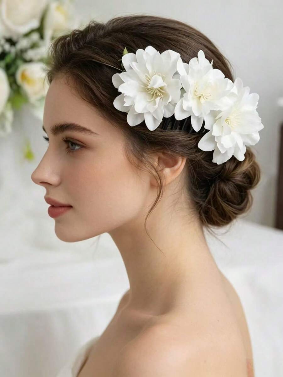 1 chiếc lược cài tóc hoa giả với 3 bông hoa, thích hợp cho các bữa tiệc, đám cưới, cô dâu, phù dâu, kỷ niệm, và sử dụng hàng ngày. - kẹp tóc - Xem 1