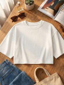 2 piezas Camiseta de manga corta y cuello redondo holgada y corta para mujer, adecuada para uso en primavera/verano, estilo casual/minimalista/elegante/sexy/streetwear/Y2K, apta para oficina/hogar/calle y diversas ocasiones - Blanco - Ver 2