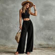 Nuevo 2026 Conjunto Dos Piezas Mujer Chaleco Corto de Lino y Pantalones Pierna Ancha de Lino Cintura Alta con Cordón - Negro - Ver 3