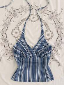 Camiseta de mujer de unicolor con cuello de halter plisado y lazo, versátil para vacaciones y citas - Multicolor - Ver 1