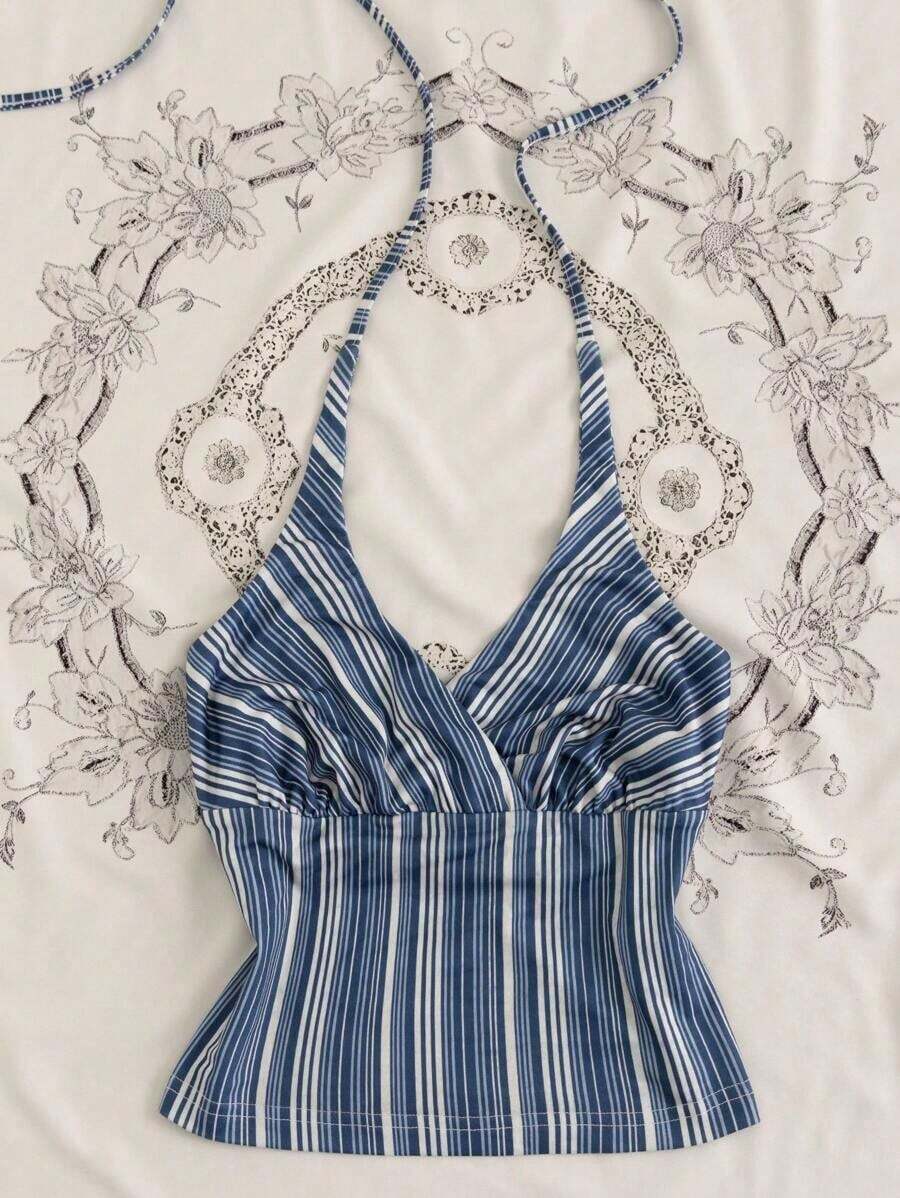 Camiseta de mujer de unicolor con cuello de halter plisado y lazo, versátil para vacaciones y citas - Multicolor - Ver 1