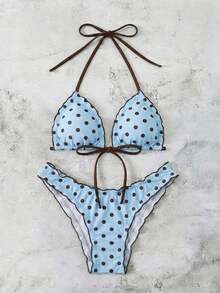 Conjunto de bikini de dos piezas con estampado de lunares, camiseta con lazo sexy y traje de baño para vacaciones en la playa para mujer - Azul - Ver 5