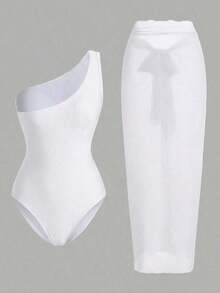 Swim Oasis Traje de baño de una pieza con panel de malla fruncida de unicolor y falda pareo - Blanco - Ver 2