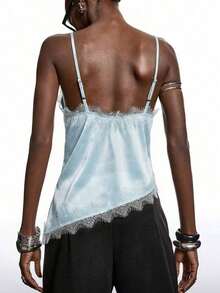 2026 Nueva Blusa Minimalista de Primavera para Mujer de Satén Color Albaricoque con Encaje, Elegante Camisola con Ribete de Encaje, Adecuada para Primavera/Verano; Camisa Elegante, Adecuada para Fiestas, Primavera, Navidad, Año Nuevo, etc.; Elegante - Celeste - Ver 2