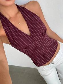 delgado de mujer de algodón con rayas, cuello alto y abotonadura sencilla, para otoño/invierno - Burdeos - Ver 8