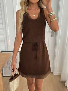 LUNE Vestido mini casual sin mangas con cintura anudada a rayas para mujer, nuevo vestido de llegada para mujer, vestidos casuales de verano para mujer, nuevo vestido de llegada para mujer casual, vestidos casuales de verano para mujer, atuendo para mujer, atuendos de playa, atuendos para salir, atuendos de vacaciones, atuendos de verano para mujer, atuendo para concierto de campo - Marrón - Ver 3