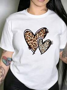2026 Women's Cotton T-Shirt Casual Quality Oversized Plus Size T-Shirt With Heart And Leopard Print - Chic Casual Clothing For Women Basic Unisex T-Shirt - 白色-1 - 查看 2