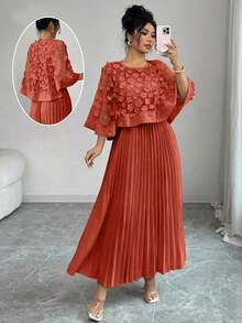 Vestido con decoración floral elegante y bajo plisado, adecuado para bodas, fiestas de cumpleaños y otras ocasiones, otoño - Rojo - Ver 7