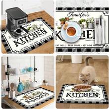 1pc Dish Drying Mat, Coffee Machine Pad, Black & White Checkered Border With Vintage Hand-Painted Floral Pattern, Suitable For Dining Table Absorbent Use, Multi-Purpose Drainage Mat, Home Gift, Tabletop Decor - XYLSD-320 - View 11