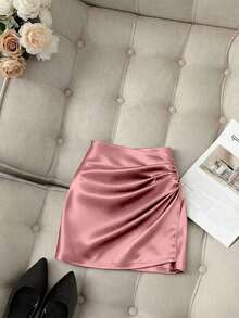 Falda ajustado plisada de cintura alta con dobladillo asimétrico brillante y elegante para mujer, primavera/verano - Rosa - Ver 3