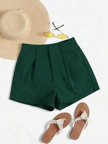 Shorts diarios tejidos de unicolor para mujer, sencillos - Verde Oscuro - Ver 1