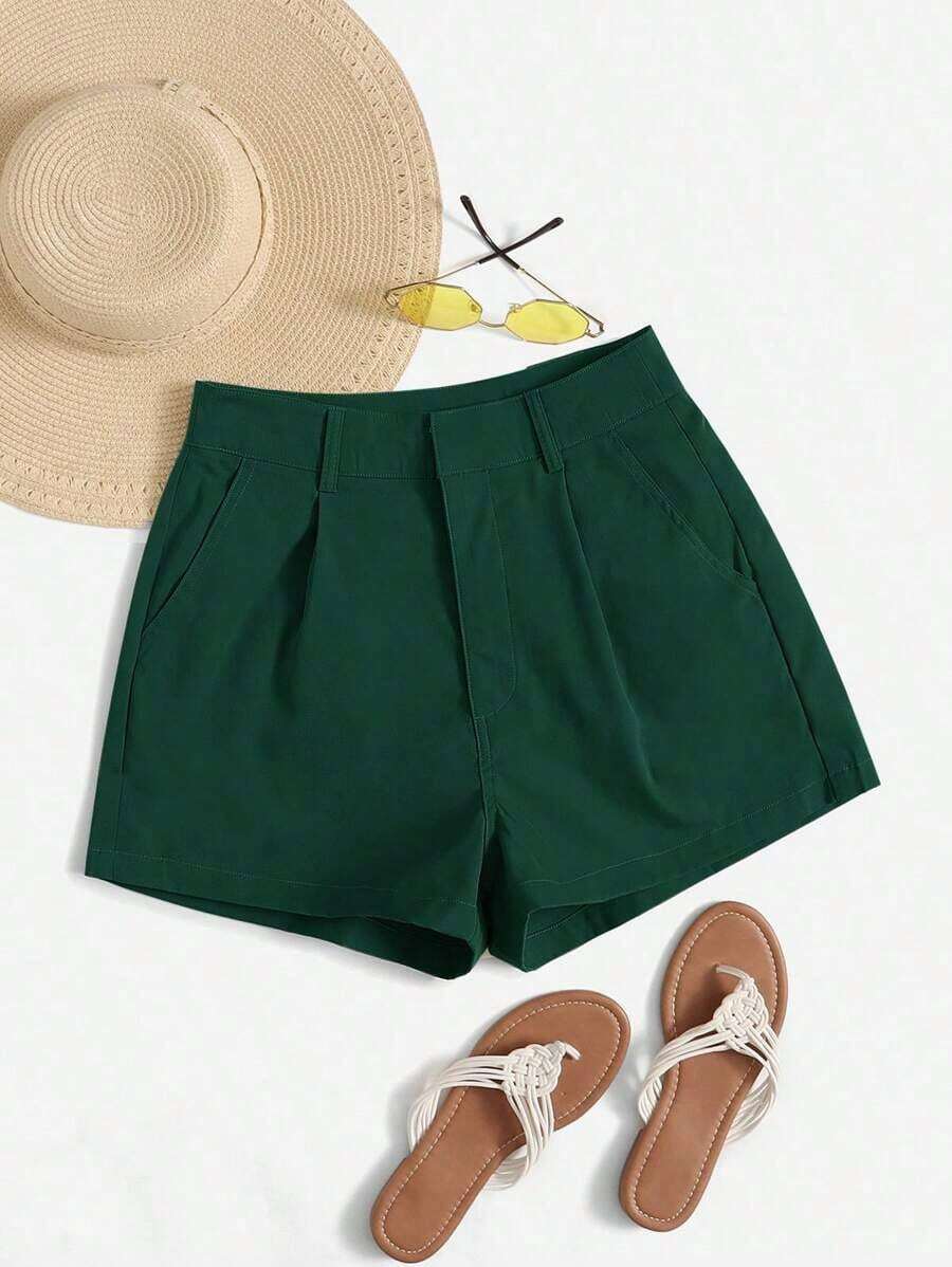 Shorts diarios tejidos de unicolor para mujer, sencillos - Verde Oscuro - Ver 1