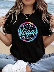 Women's Short-Sleeved Crew Neck T-Shirt, FAIY Vegas VACATION 2026 Style, With Text Print, Ideal For Casual Shopping, Holiday Gifts, Gatherings With Friends, Music Parties And Holiday Outfits. - 黑色 - 查看 7