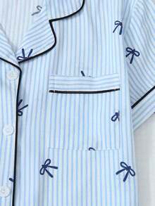 2 piezas Conjunto de pijama con top de manga corta con bolsillo y lazo, y shorts cómodos a rayas azules con cuello en forma de corazón, adecuado para uso en casa, primavera/verano - Azul - Ver 4