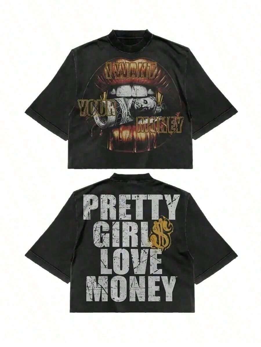 Fly "I Want Your Money" Hip-Hop Style T-Shirt, 100% Cotton, Double-Sided Print, Suitable For Men And Women, Best Summer Gift, Casual Short-Sleeve T-Shirt - Premium Cotton Graphic Print Crew Neck T-Shirts - 365T - 黑色 - 查看 1