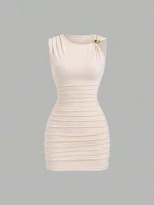Conjunto de 2 piezas de moda europea y americana para mujer, vestido mini versátil casual y de oficina con decoración metálica retorcida y asimétrica - Multicolor 4 - Ver 3