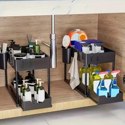 1pc Sliding Under Sink Organizer Rack, Multifunctional Storage Shelf For Kitchen Cabinet, Bathroom, H-Shaped Double Layer Spice Rack, Drainage