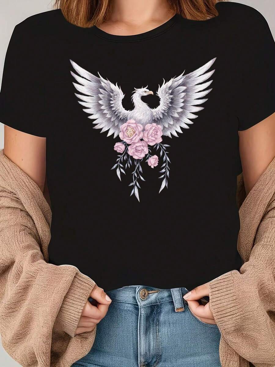 Mythical Fantasy Bird And Rose Art Print Decor - Ethereal White Griffin/Phoenix Wall Hanging, 100% Fiber, Delicate Gray And Pink Artwork For Home Office Decor, Fantastic Fantasy Aesthetic Wall Art - 黑色 - 查看 1
