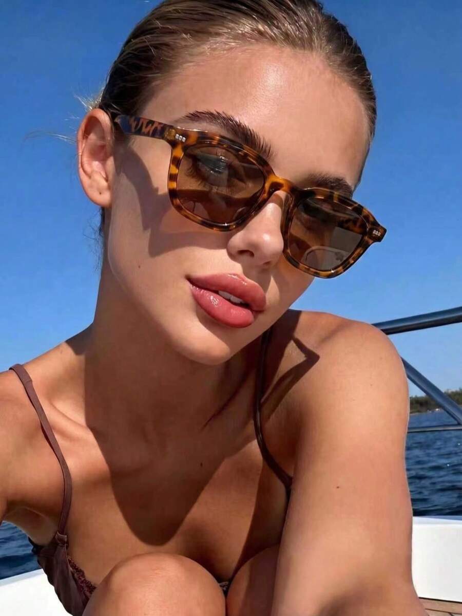 1pc Women's Geometric Plastic Casual Solid Color Versatile, Retro Leopard Print Bohemian Fashion Glasses Personalized Street Style Shades, Suitable For Vacation, Beach, Travel, Driving, Hiking, Street Photography, Dating, Outdoor - Multicolor - View 1