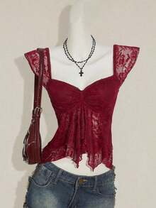 Top sin mangas con volantes, escote con pliegues, ajuste ceñido, parches de malla sexy, espalda con lazo, top casual de vacaciones - Burdeos 2 - Ver 1