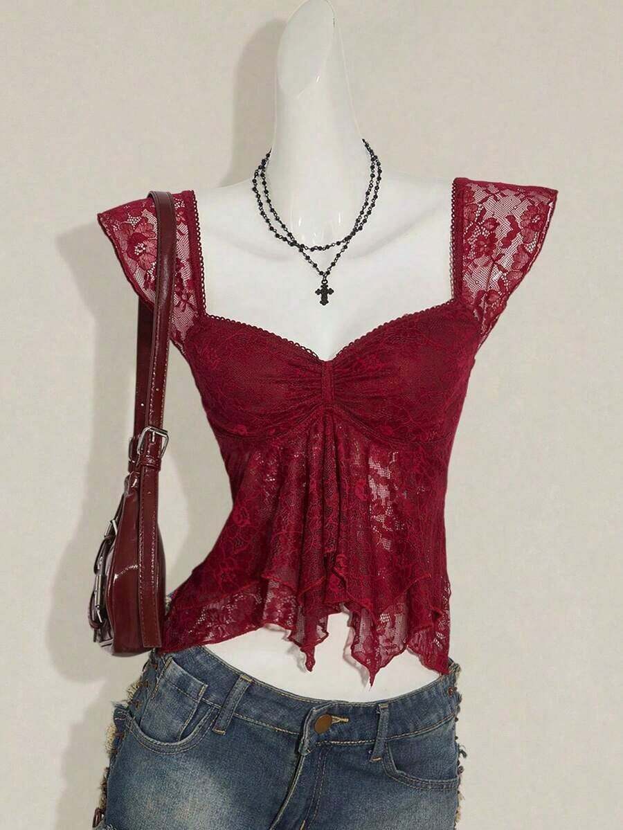 Top sin mangas con volantes, escote con pliegues, ajuste ceñido, parches de malla sexy, espalda con lazo, top casual de vacaciones - Burdeos 2 - Ver 1