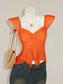 Top sin mangas con volantes, escote con pliegues, ajuste ceñido, parches de malla sexy, espalda con lazo, top casual de vacaciones - Naranja - Ver 8