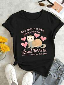 Women's Ferret-Loving T-Shirt With A Graphic Print. Quality Fabric, Crew Neck, Comfortable Fit, Graphic Design. - 黑色 - 查看 1